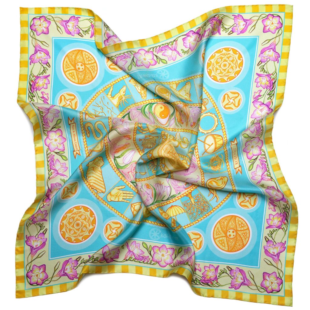 From the SKIES 68cm scarf collection - the Turquoise Sky head silk scarf by PSICHORA.