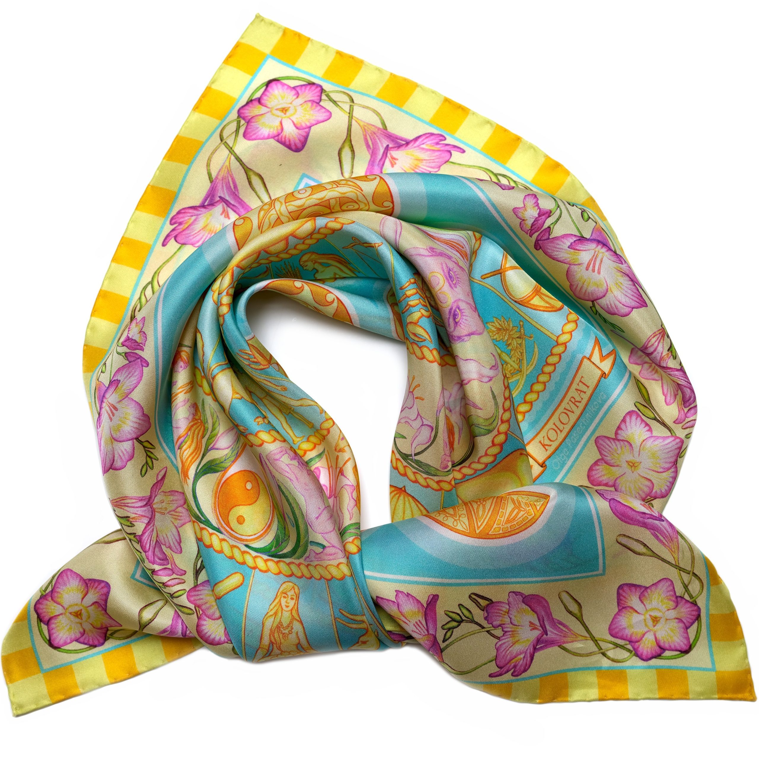 Designed in Melbourne, the Turquoise Sky ladies silk scarf of lighter 12 mm weight combines golden wheals of celestial imagery with pink florals and speaking imagery surrounded with turquoise blue sunlit sky. Made in Italy, this PSICHORA piece brings naturally splendid sky‑inspired spark to your look.
