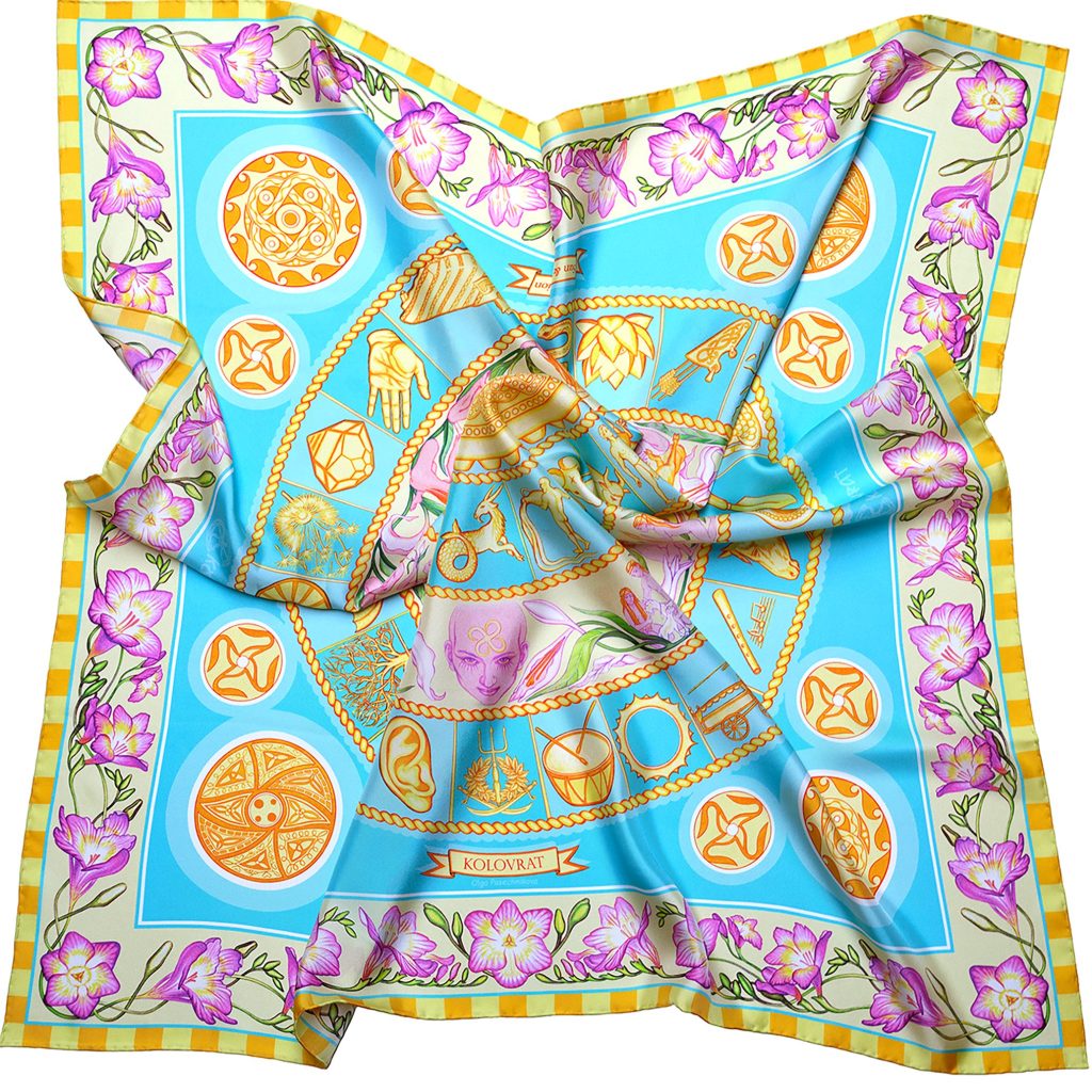 The Turquoise Sky luxury silk scarf 90cm pairs sunlit turquoise blue with golden celestial wheals of Zodiac & Nakshatras, pink florals and telling imagery in a luminous, sky‑inspired design. Designed in Australia and made in Italy, this PSICHORA piece brings a refined luxury to your look.