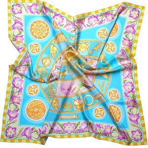 The Turquoise Sky luxury silk scarf 90cm pairs sunlit turquoise blue with golden celestial wheals of Zodiac & Nakshatras, pink florals and telling imagery in a luminous, sky‑inspired design. Designed in Australia and made in Italy, this PSICHORA piece brings a refined luxury to your look.