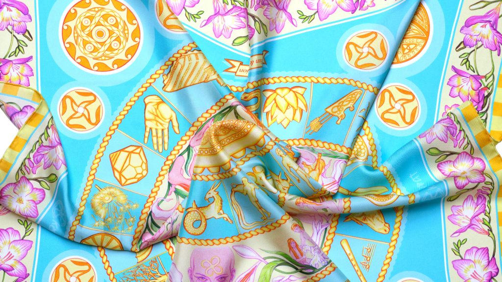 Made in Italy the Turquoise Sky luxury silk scarf 90cm closeup.
