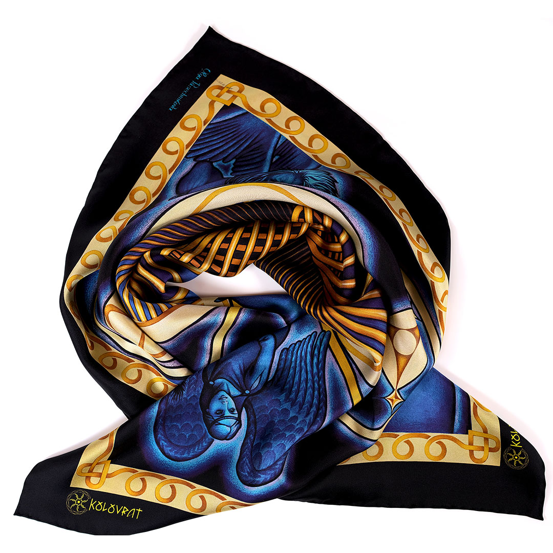 Designed in Australia and made in Italy, the Cosmic Creation luxury silk scarf blends deep navy and royal blue tones illuminated with golden symbols. This PSICHORA piece evokes a sense of cosmic depth and polished elegance, capturing the quiet radiance of a night sky in motion.