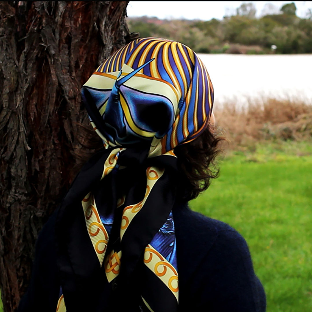 Stepping in style with the Cosmic Creation luxury silk scarf - navy royal blue golden - by PSICHORA.