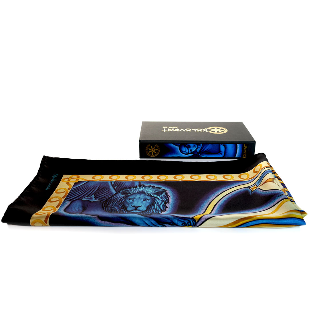 The Cosmic Creation luxury silk scarf gift boxed. Made in Italy from pure mulberry silk twill in 61 gsm weight with hand rolled edges.