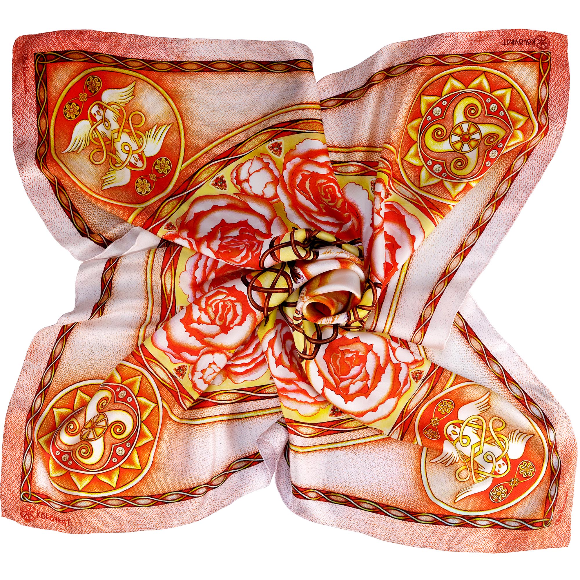 Wrap yourself in the soft elegance of this golden pink silk scarf - a masterpiece of artistry and meaning. Designed in AU and made in China, this reversible scarf keeps the colours and refined graphics striking on every silk turn.