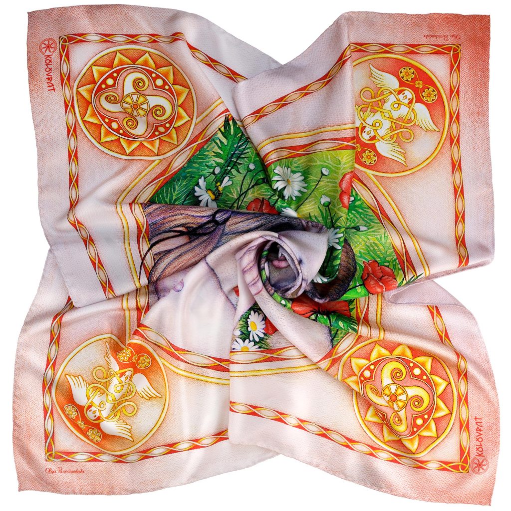 Designed in Melbourne the Eternal Lovers luxury silk scarf 90cm - peach pink red emerald - by PSICHORA.