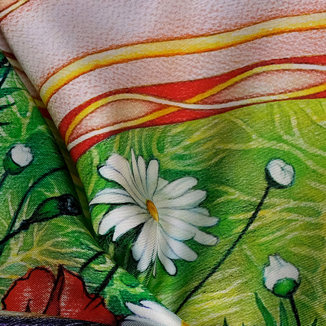 A closeup view on the Eternal Lovers, luxury pink silk scarf.