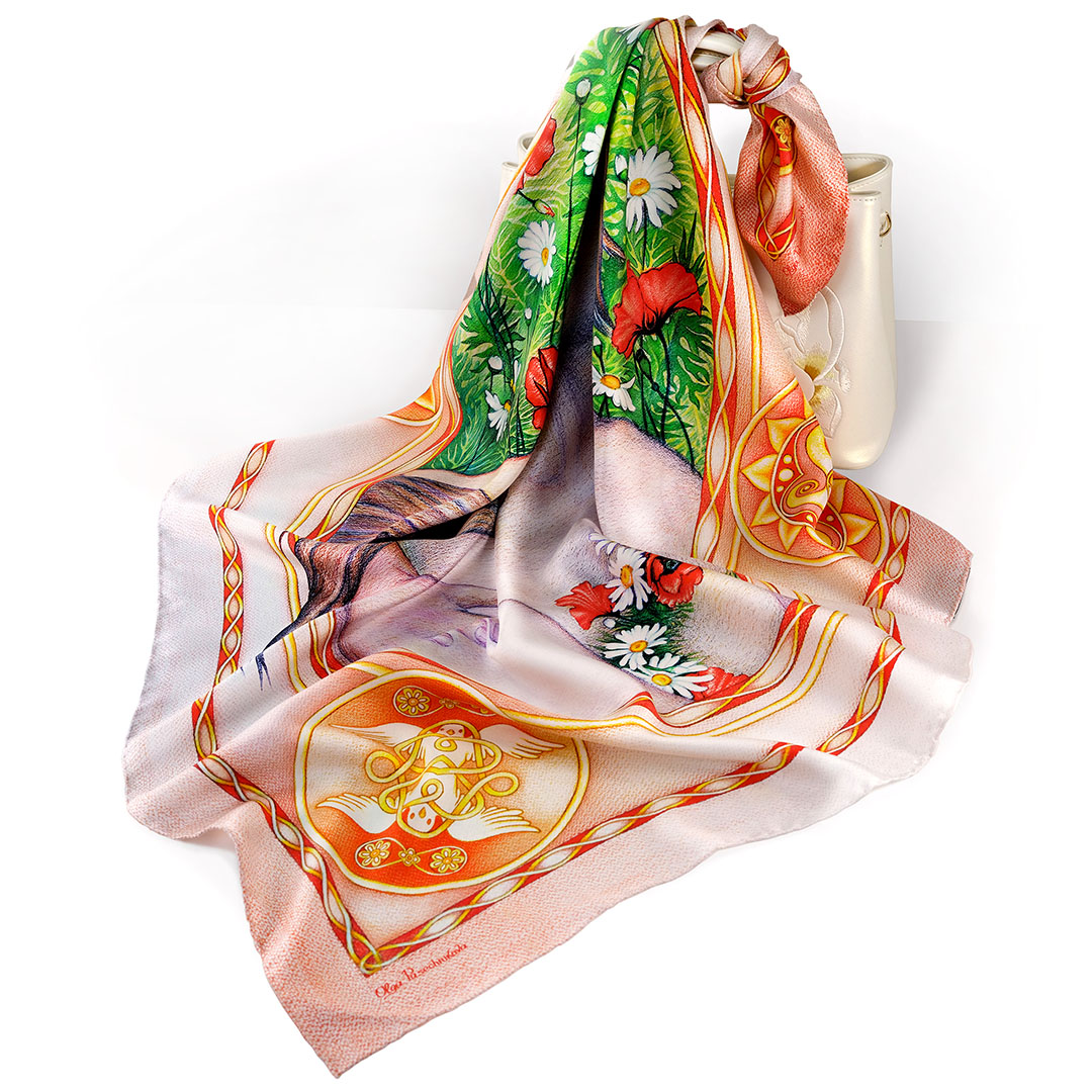 Designed in Melbourne, made in Italy the Eternal Lovers pure silk scarf 90cm - peach coral pink floral - by PSICHORA.