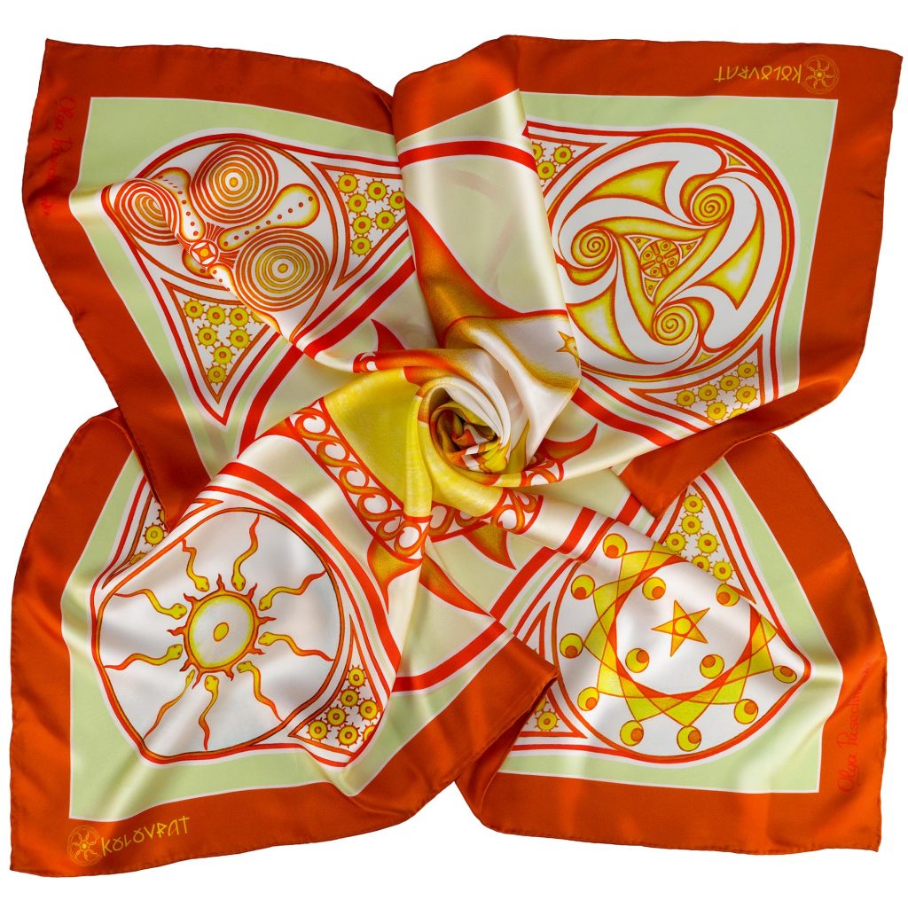 Designed in Melbourne the Everlasting Life luxury silk scarf 88cm - amber golden yellow orange - by PSICHORA.
