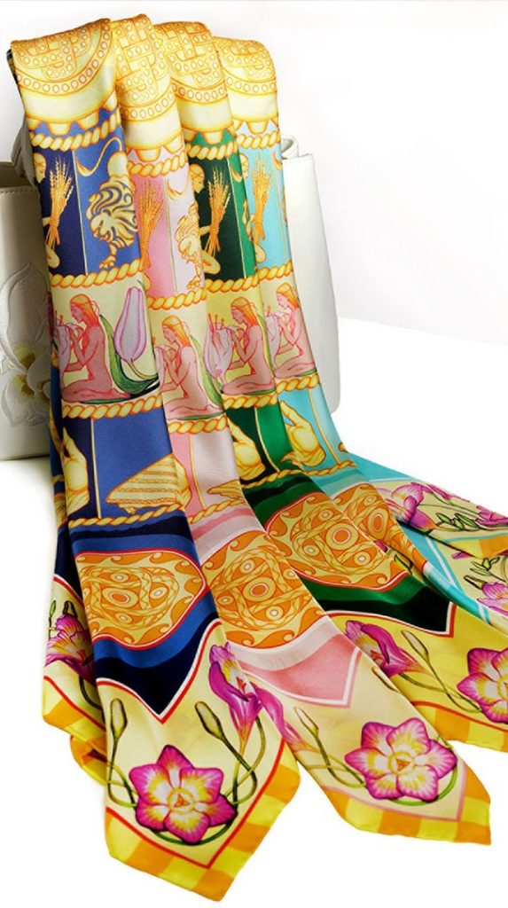 Designed in Australia the Skies 90cm luxury silk scarf collection - Coral Pink Golden Blue Turquoise Navy Emerald Green - by PSICHORA.