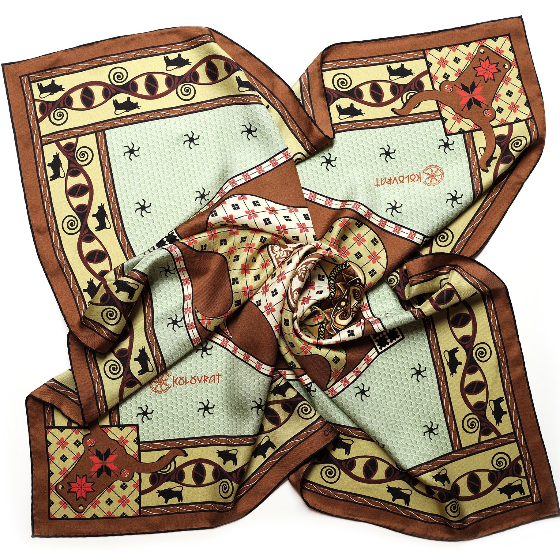 Designed in Melbourne the Talisman pure silk scarf 90cm - terracotta olive green - by PSICHORA. Made in Italy.