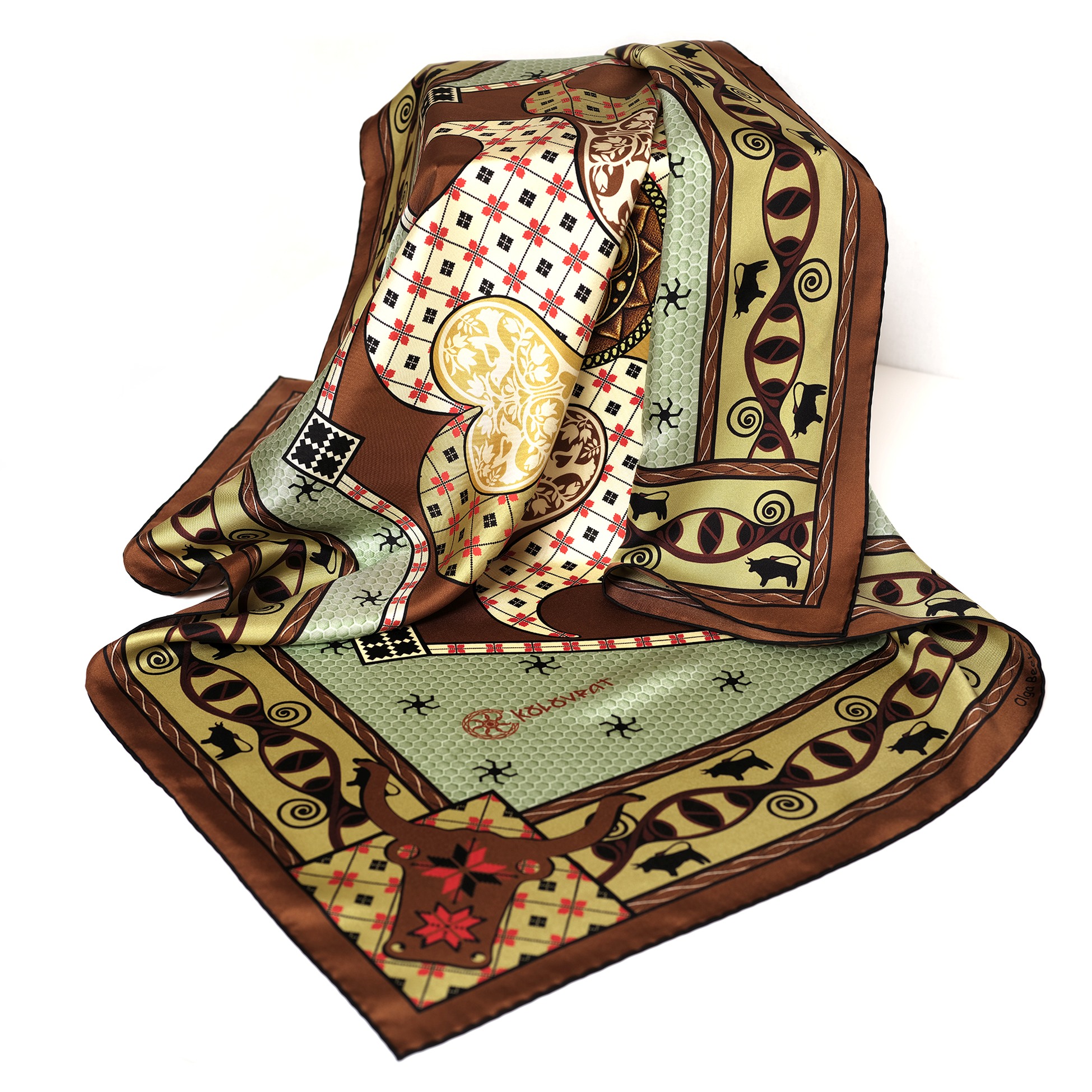 Step in the unique atmosphere of the Talisman terracotta pure silk scarf. Designed in Australia and made in Italy, this luxurious silk accessory evokes a sense of harmony—infused with love—and inner stability. Feel the protective power of the Talisman, amplified by the energy of DNA symbols characteristic of the Trypillia culture.