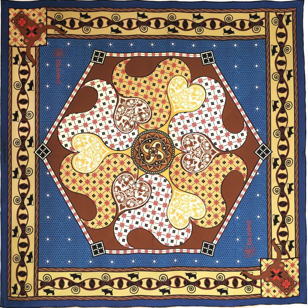 Designed in Melbourne the Talisman luxury silk scarf 90cm - teal blue terracotta - by PSICHORA. Made in Italy.
