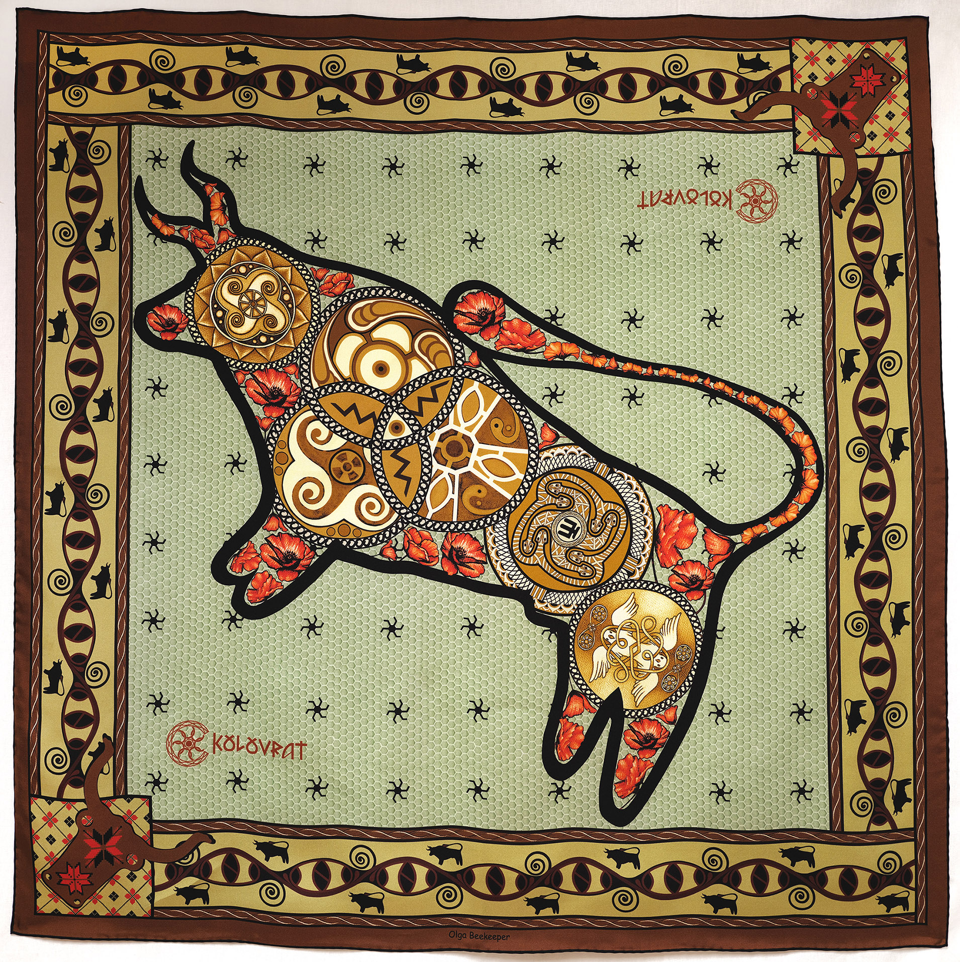 Step into grounded strength with the Taurus terracotta olive silk scarf 90cm. Designed in AU & made in Italy, this scarf places the Trypillian bull at its centre — a symbol of power, protection, and fertile life‑force.