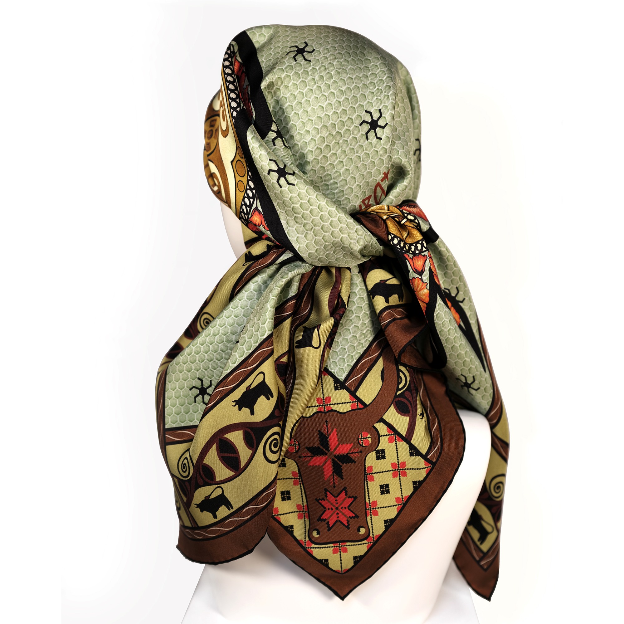 Embrace the grounded strength with the Taurus luxury terracotta silk scarf. Designed in AU & hand made in Italy, this elegant scarf places the Trypillian bull at its centre — a symbol of endurance and protection.