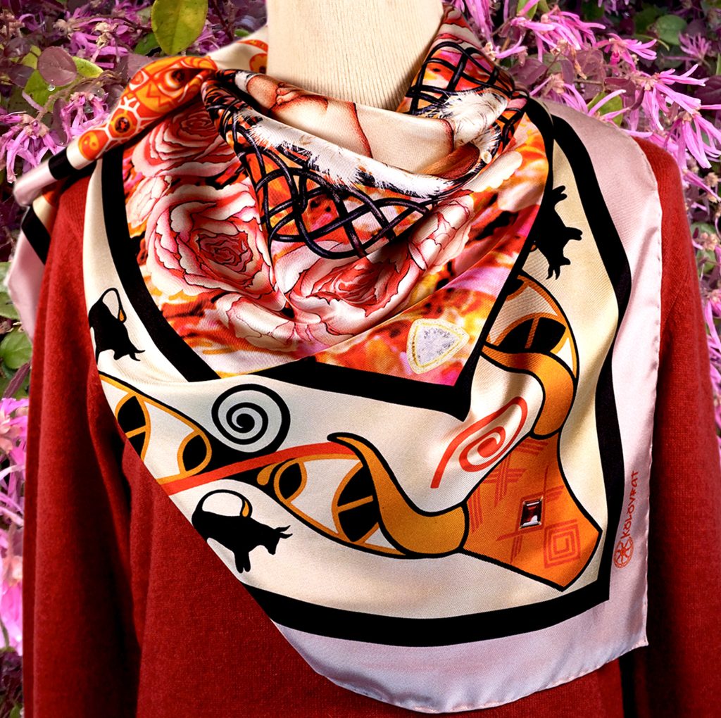 Embrace vibes of times with The Beginning designer silk scarf 90cm luminous folds - pale pink amber terracotta - by PSICHORA. Made in Italy.