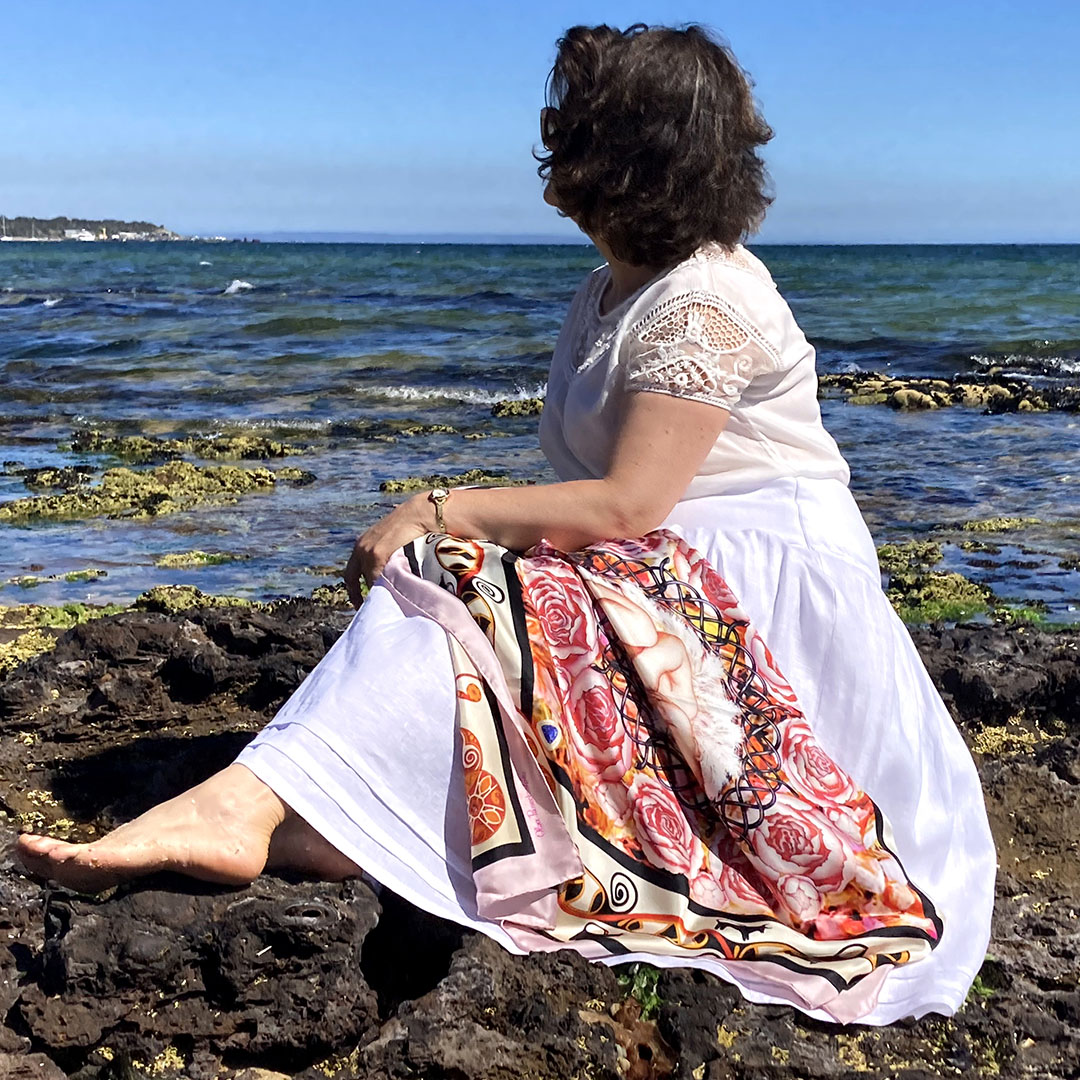 On vocation with The Beginning pure silk scarf - pale pink coral amber brown - by PSICHORA.