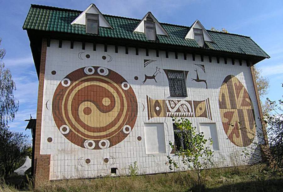Trypillian symbolism reconstructed on the walls of the Museum of Trypillian Culture in Ukraine.